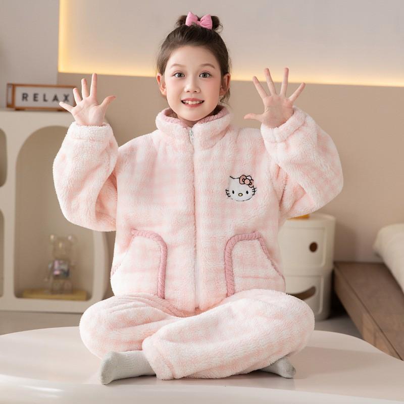 Girls Winter Warm Coral Fleece Hooded Pajama Set With Cat Print Thick Flannel Sleepwear Ages 8