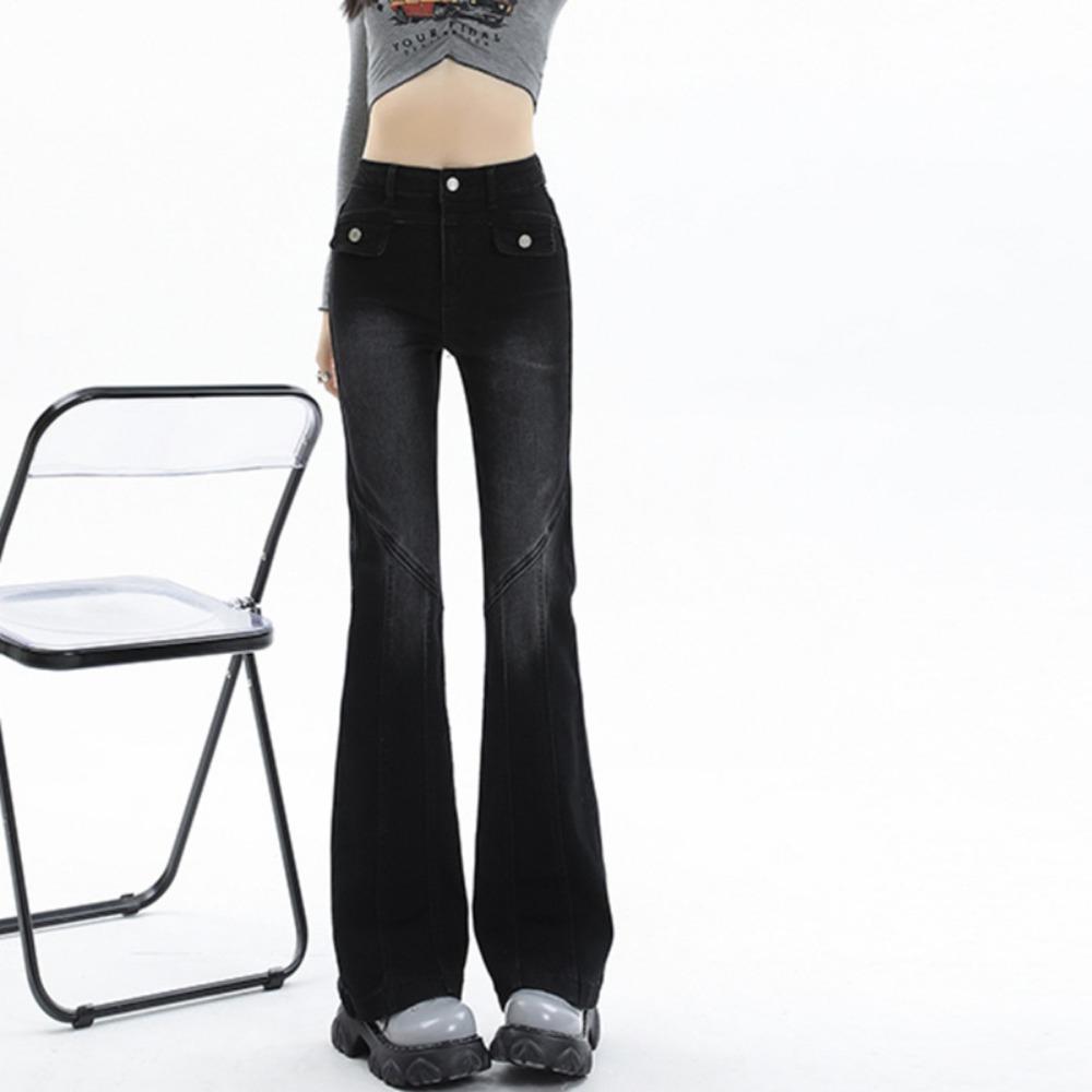 High Street Temperament Slightly Pulled Jeans Women's Spring and Autumn New High-waisted Design Horseshoe Horn Jeans Tide