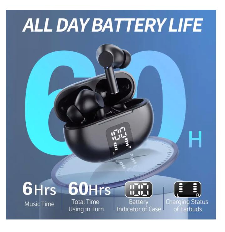 Wireless Earphone Bluetooth 5.3 Headphone 60H Playback LED Power Display Ear Buds Mic Noise Cancellation Stereo Sound Earphones