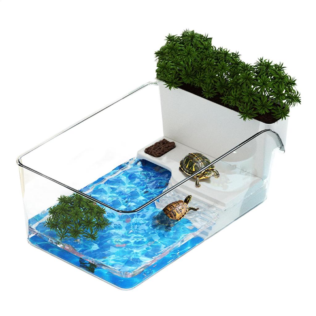 Turtle Tank with climbing spot & flower pot Transparent Reptile Terrarium Habitat Decorative Small Crab Feeding Basking Habitat