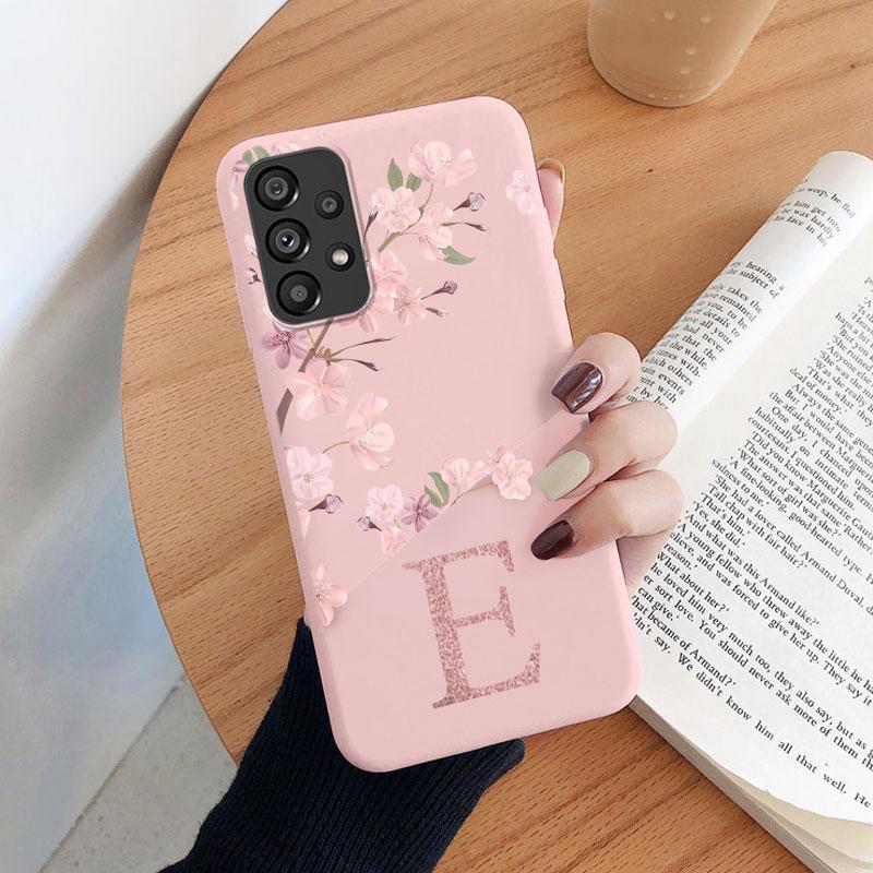 

Letters Floral Case For Samsung Galaxy A53 A33 A73 Back Cover Pink Flowers Initial Coque Bumper Soft TPU Funda For Samsung A52 sxa535G