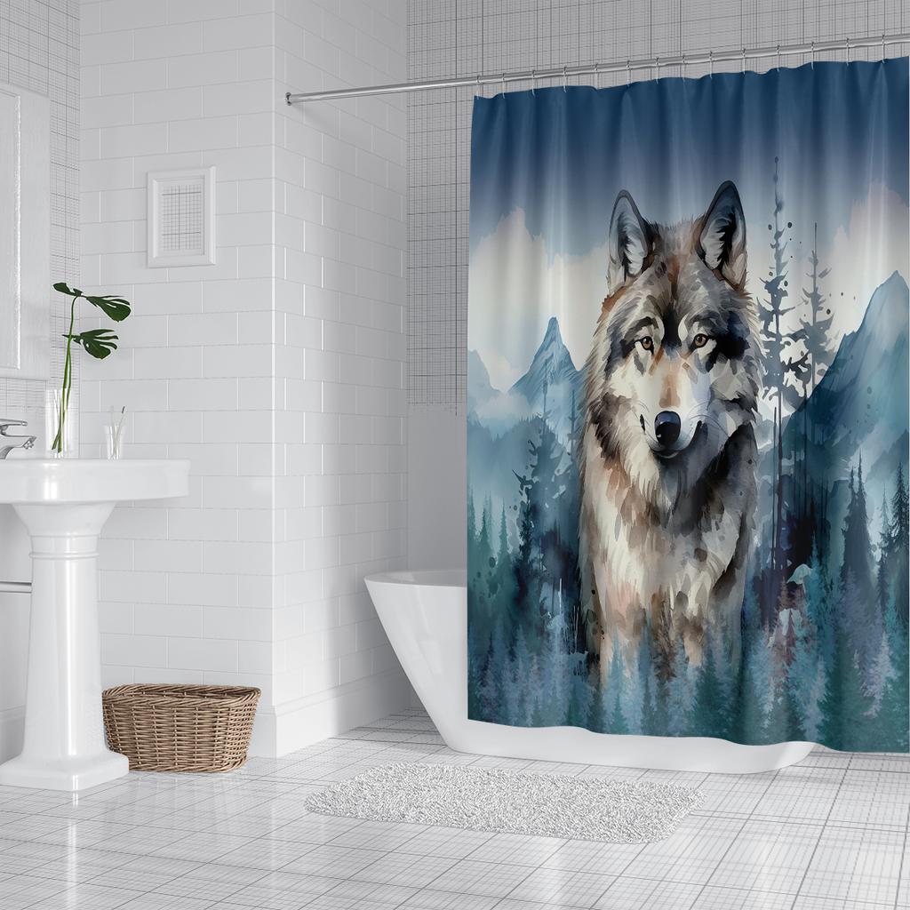 1 Stück Aquarell-Wolfsmuster bedruckter Duschvorhang, wasserdicht und waschbar, mit 12 Haken, Badezimmerdusche, Badewanne, Heimgebrauch