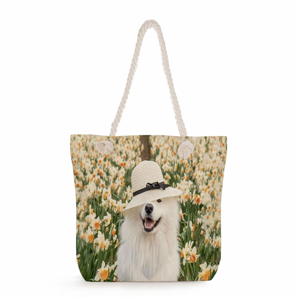 Multifunctional Dog Printed Thick Rope Shoulder Beach Bag Casual Large Capacity Handbag 7620