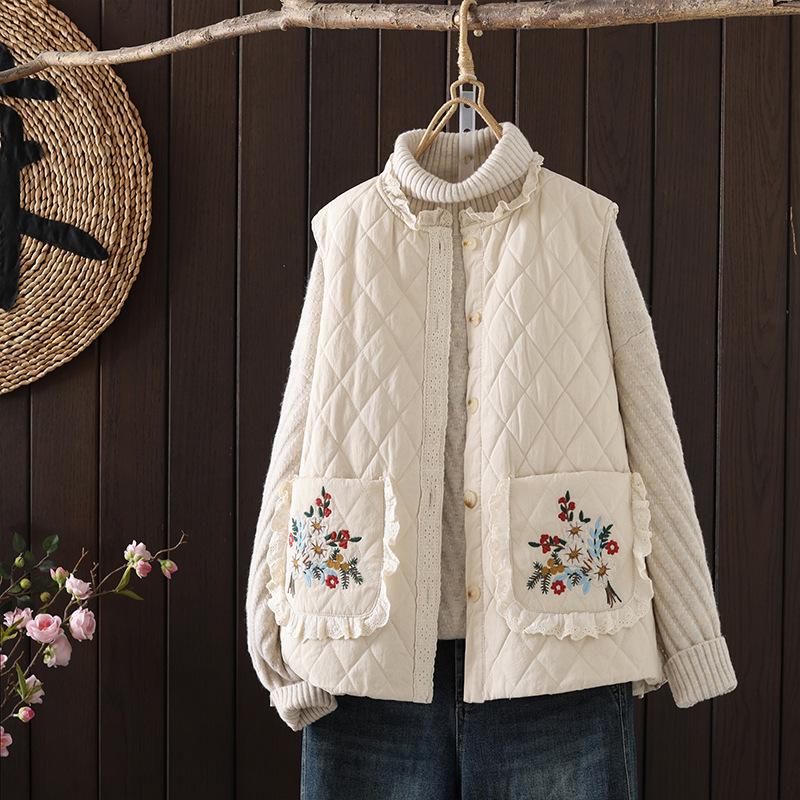 2023 Winter Women's Embroidered Cotton Vest: Loose, Versatile Large Size with Double Pockets