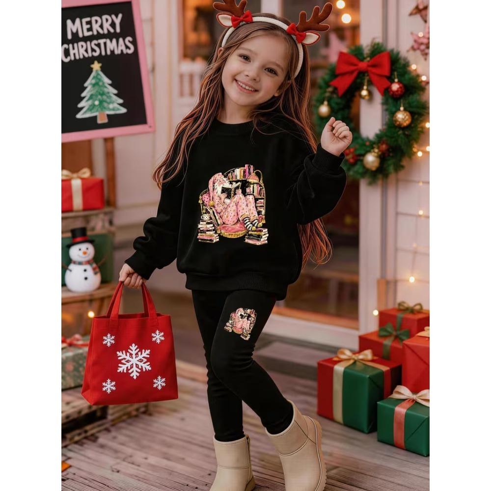 Girls' Christmas Casual Comfortable Soft Loose Pullover Sweatshirt and Leggings 2-Piece Set, New Autumn/Winter, Playful, Sweet and Cool Style