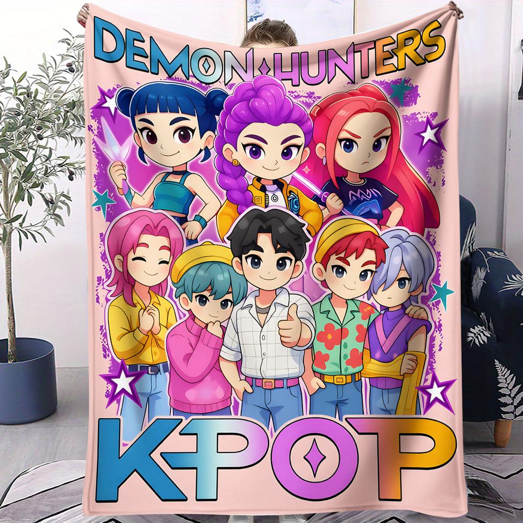 1PCS Flannel Blanket K Pop Demon Hunter Girls Boys Plush Throw Blanket Novelty Warm for Home Office Nap Camping All Season Gift