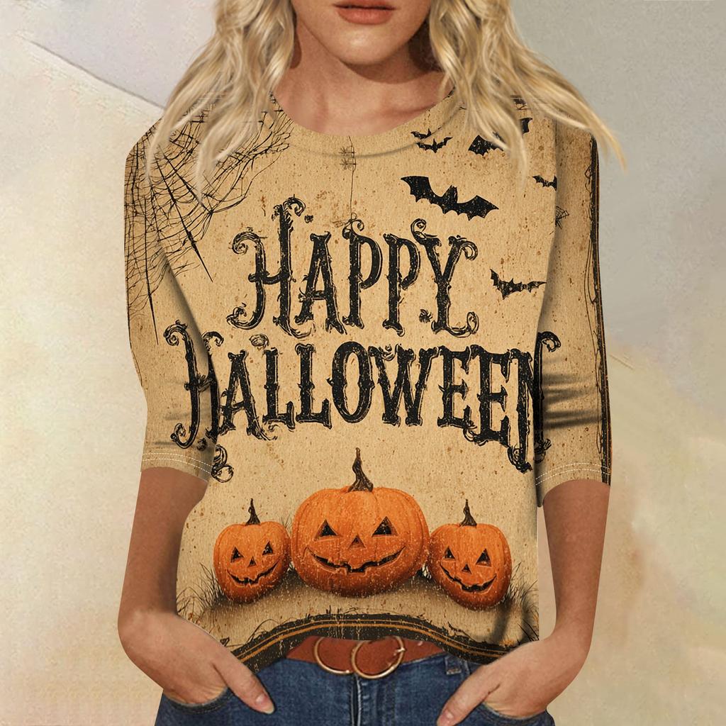 Women's Casual Round Neck Three Quarter Sleeve Halloween Print T Shirt Top Lightweight Soft Fabric Comfortable Fit