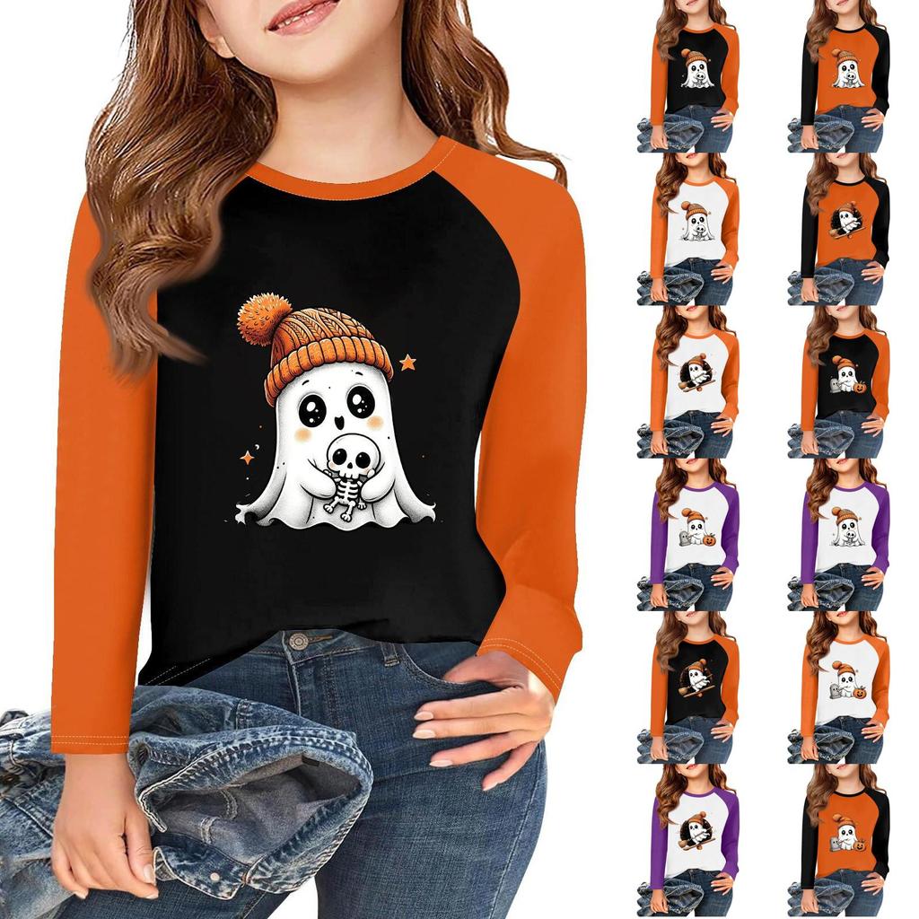 Kids Halloween Print Long Sleeve T-Shirt Casual Round Neck Top for Party and Daily Wear