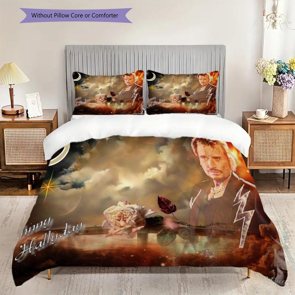 Johnny Hallyday Three-piece set (1 * duvet cover + 2 * pillowcase, without core) 2D Flat Christmas birthday gift Soft and comfortable Bedding set