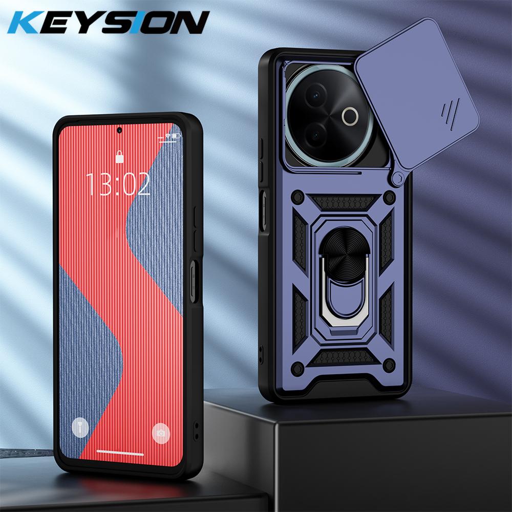 KEYSION Shockproof Armor Case for VIVO Y39 5G Silicone+PC Slide Camera Lens Protection Ring Stand Phone Cover for VIVO Y39 5G