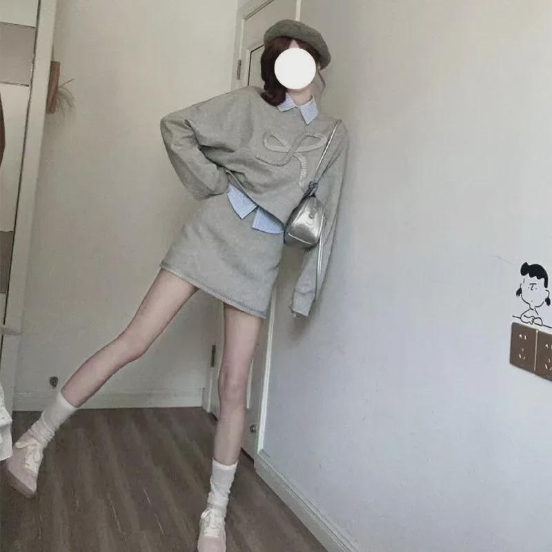 Trendy Korean-Style College Three-Piece Set: Sweatshirt, Shirt, Short Skirt