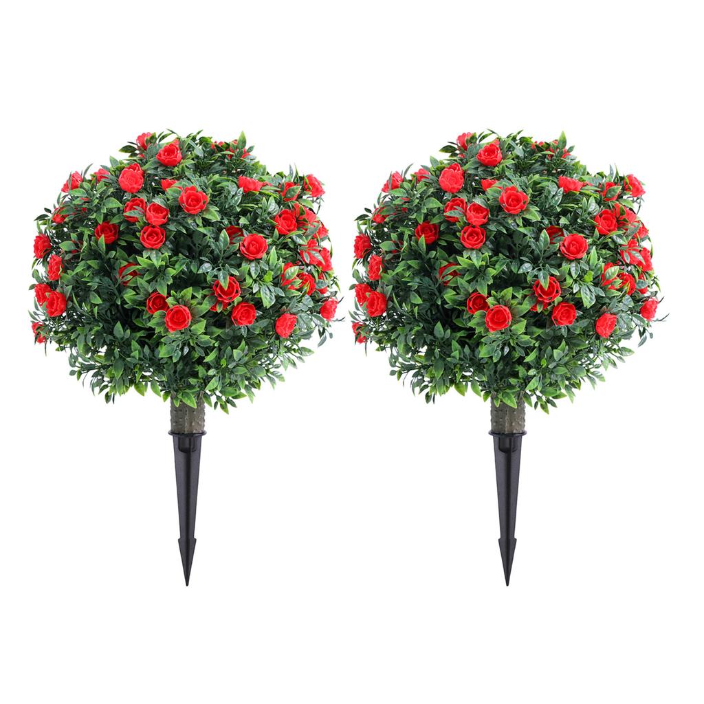 Artificial Rose Topiary Ball Tree 17.7 Inch PE Fake Plant Faux Greenery Shrub Bush with Ground Spike for Garden Porch