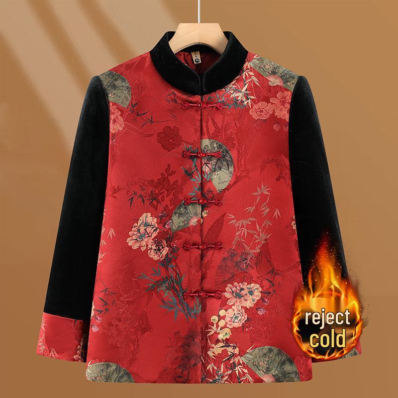 Grandma s Velvet-Lined Winter Jacket: Elegant Chinese Style for Women 60-70, Warm Stand Collar Cotton Coat 3XL красный