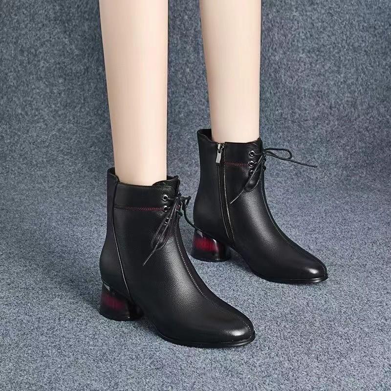 Soft Leather Martin Boots Women's Cotton Shoes Comfortable Short Boots Single Boots Warm Autumn and Winter Middle Heel Women's Shoes Velvet Thick