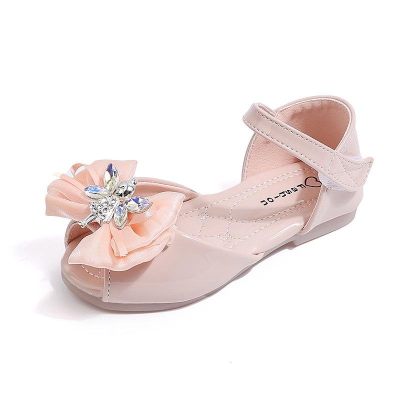 Girls' Angel Button and Bow-Decorated Patent Leather Soft-Sole Princess Shoes / Fish-Mouth Children's Princess Sandals