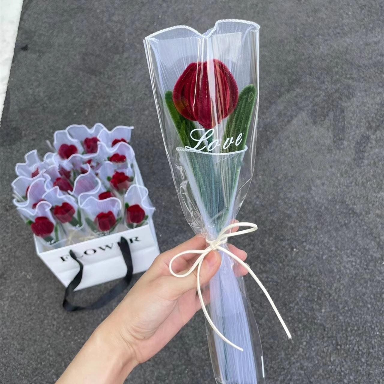 

1Pcs Tulips Artificial Flowers Handmade Plush Flower Bouquet Pipe Cleaner Craft Flowers for Home Office Wedding Decor червоний