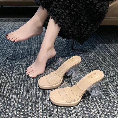 Stepping On Shit, Thick-bottomed Waterproof Table, Transparent Word with High-heeled Slippers, Women Wear Crystal and Thick-heeled Cool Slippers
