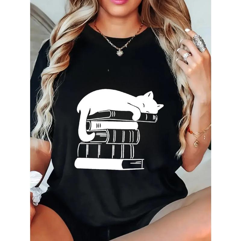 Black Oversized T Shirt With Cat Sleeping On Books Print For Casual Wear And Book Lovers