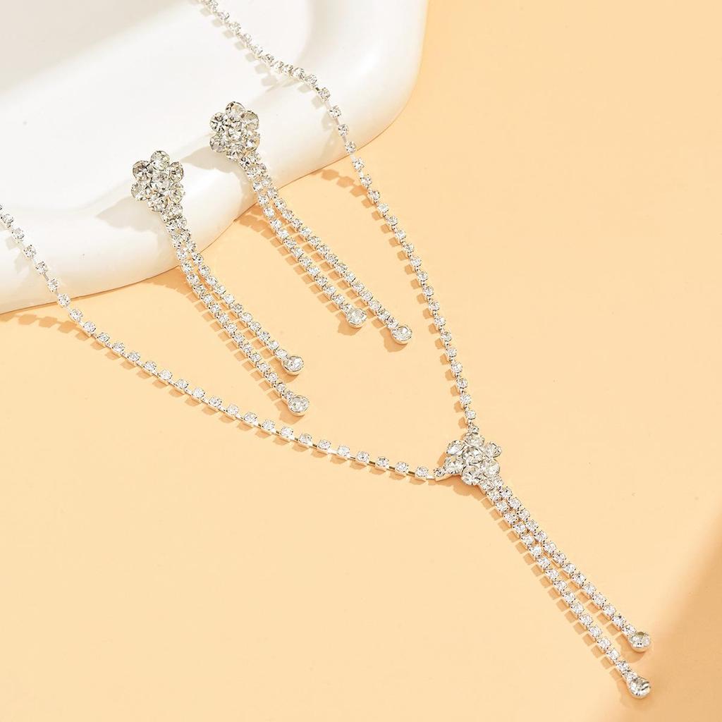 Luxury Wedding Party Women's Water Diamond Necklace & Stud Earrings Set