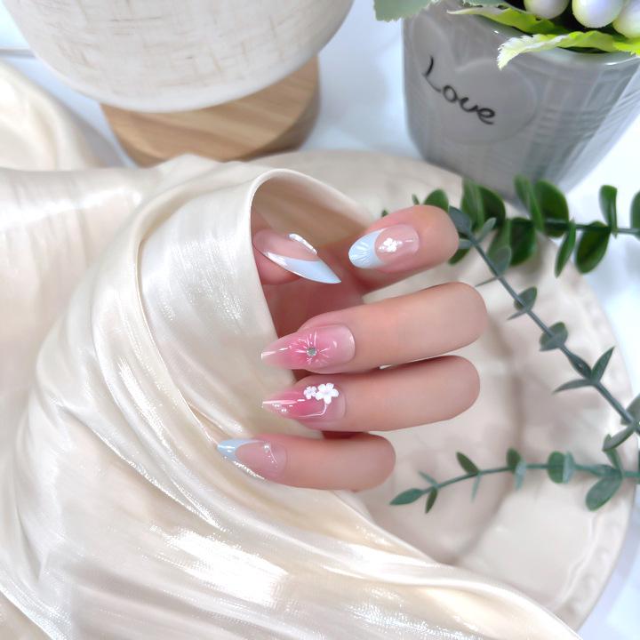 

Handmade Almond Gradient Blush Rhinestone Wearable Nail Tips - Removable Patches