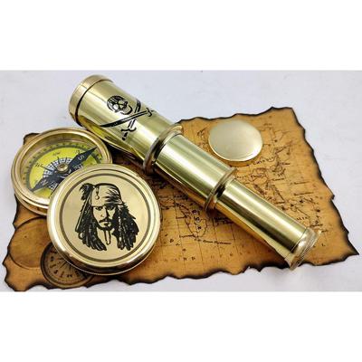Captain Jack Sparrow Brass Compass with Mini 2 Fold Telescope Pirates Lovers Kit