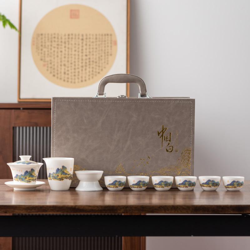 

Саловый нефрит белый фарфор кунг-фу чайный сервиз тысяча ли Цзяншань крышка чашка керамический набор подарочная коробка дом бизнес сувенир подарок