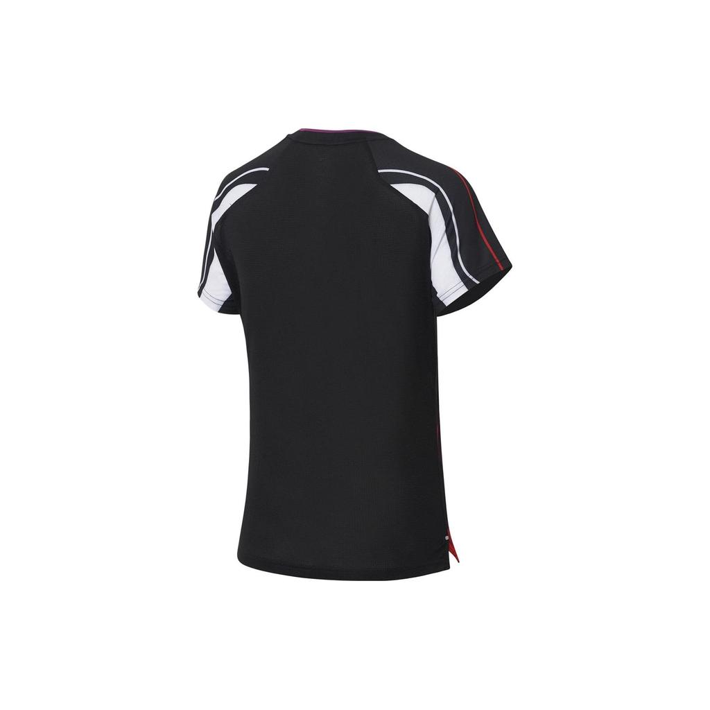 Li Ning Table Tennis Series Geometric Pattern Printed Logo Quick-Dry V-Neck Short Sleeve T-Shirt Women Tops Black AAYS238-3