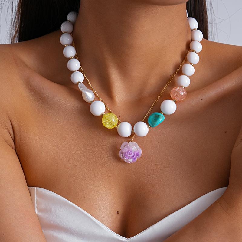 2Pcs/Set Bohemian Colorful Handmade Acrylic Beaded Choker Necklace Clavicle Chain For Women Summer Jewelry Gift