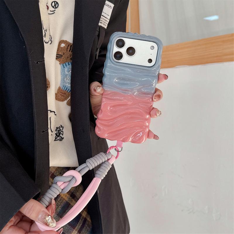 Color Block Pink Cream Textured Case with Lanyard for iPhone 14/15/16 Pro Max & Apple 17