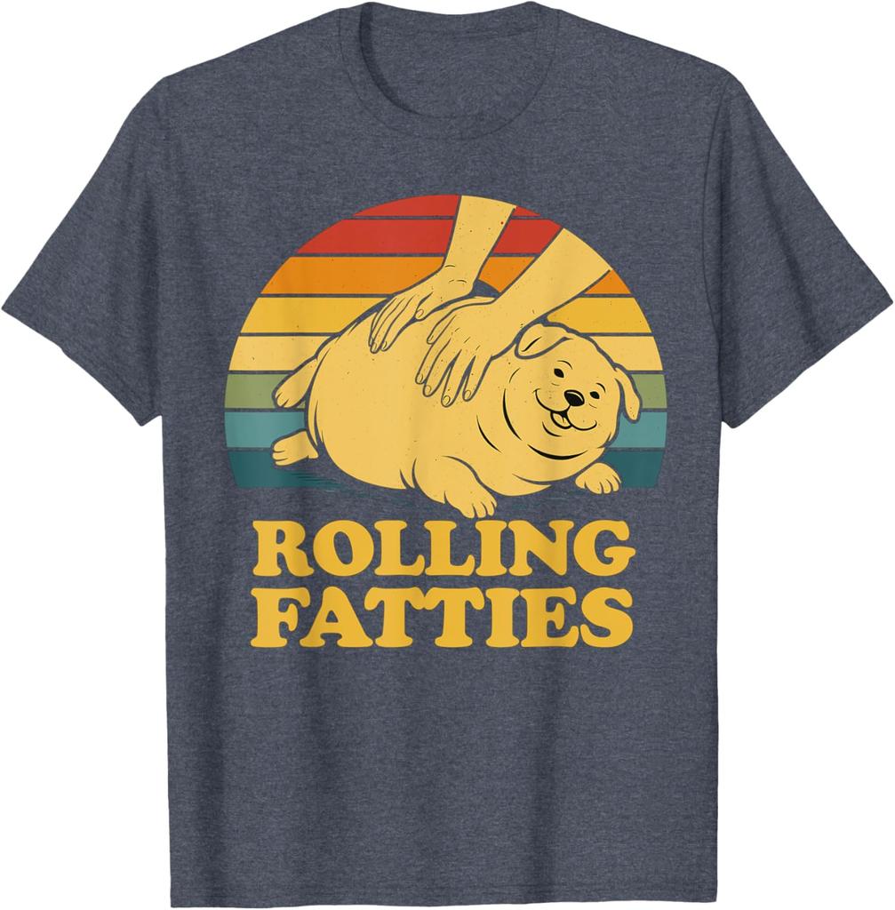 Rolling Fatties Funny Dog Graphic Tee Retro Sunset Print Soft Cotton Casual T-Shirt for Men Women