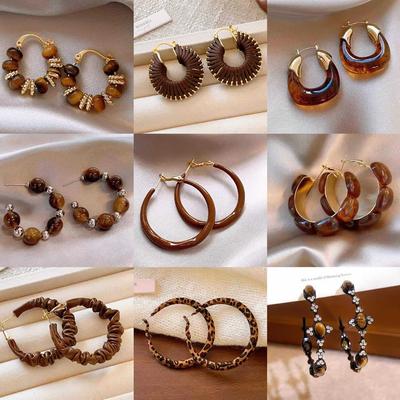 Autumn and Winter Retro Maillard Coffee Color Resin Tiger's Eye Earrings, Ear Buckles, Niche Earrings for Women