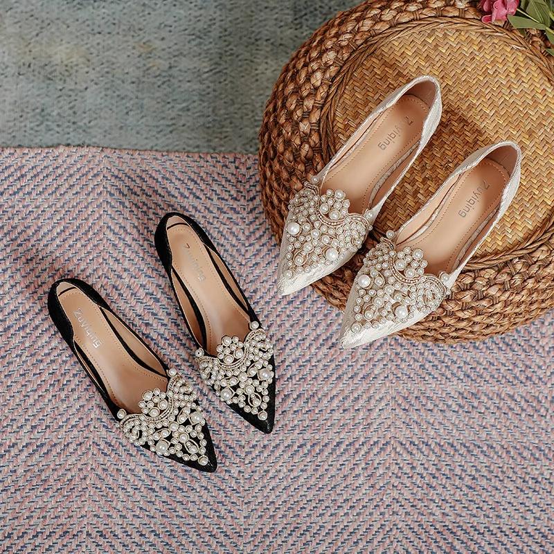 Fashion Wedding Shoes New Women's Shoes Plus Size 43 Lace-up Pearl Gentle Single Shoes Fashion Party Footwear Zapatos Mujer 2025