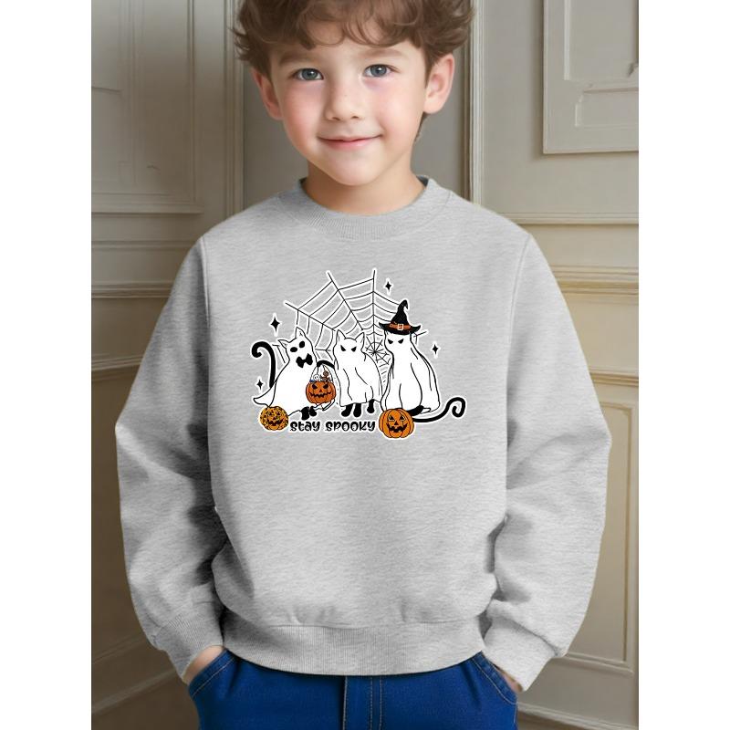 Kids Casual Halloween Ghost Cat Pumpkin Printed Crew Neck Sweatshirt for Daily Wear And Holiday Celebrations