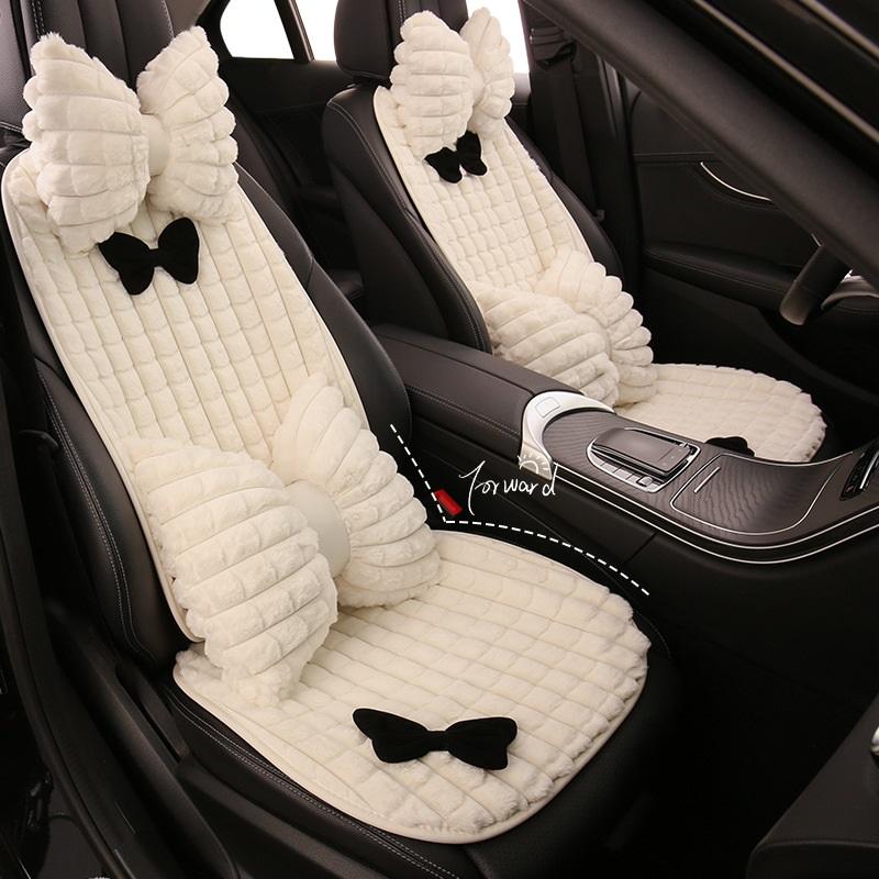 Bowknot Women's Car Seat Cover Winter Plush Warm Girl Cute Car Cushion Bow Headrest Waist Pink Interior Accessories