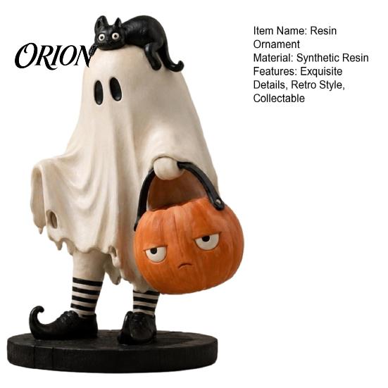 Halloween Resin Ornament Cute Ghost Statue, Black Cat Holding Pumpkin Bucket Ornament, Whimsical Home Accessories Figurine for Holiday Party