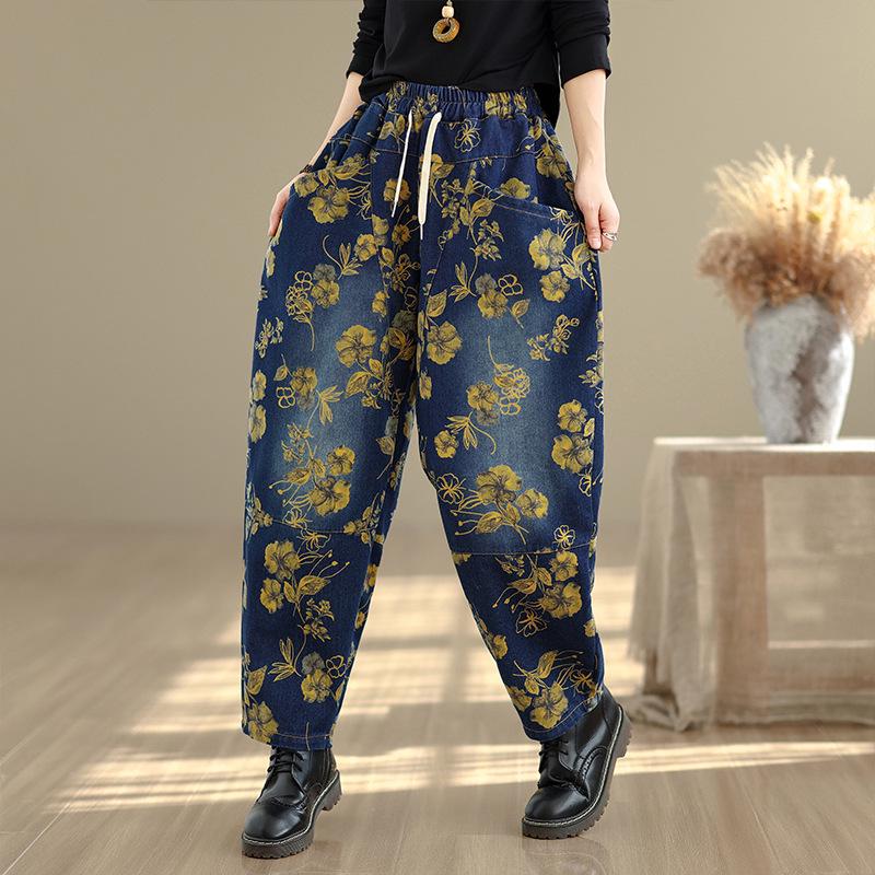 2026 Retro Print Plus Size Loose Harem Wide Leg Pants 2XL