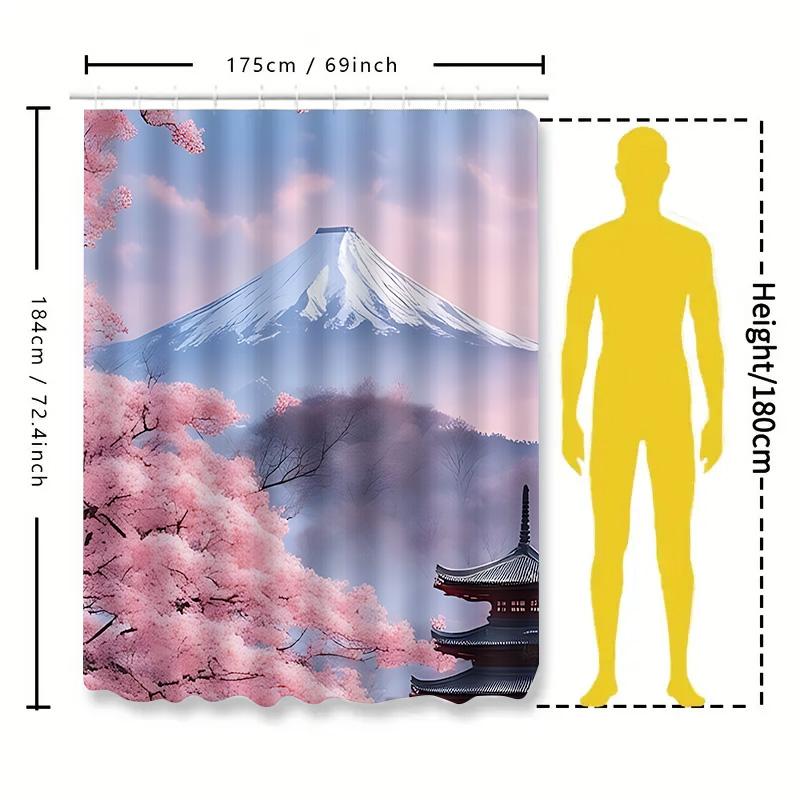 Japanese Style Shower Curtain with Sakura Blossoms and Mount Fuji Scenery - Waterproof and Durable Bathroom Decor Elevate Space