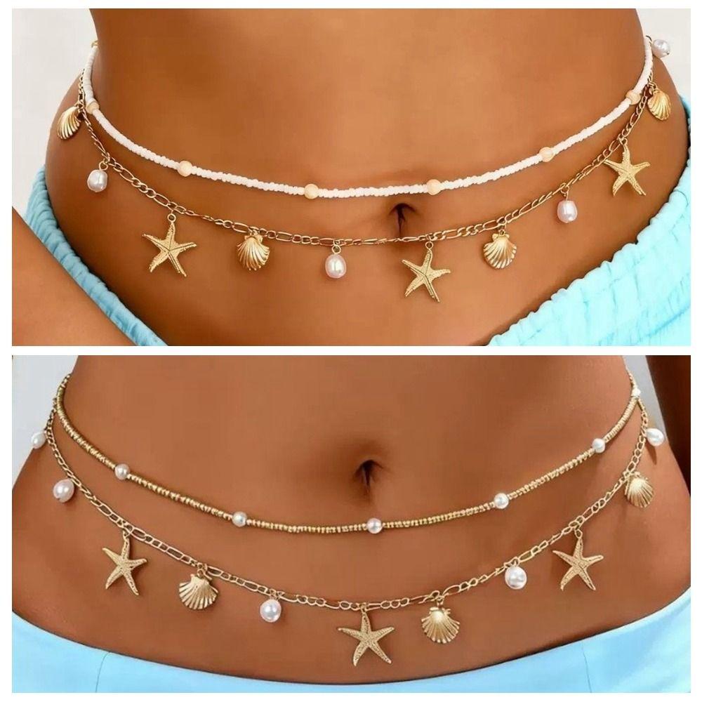 2 Pcs/set Shell Beads Body Chain Imitation Pearl Belly Chains Elegant Starfish Waist Chain  Summer