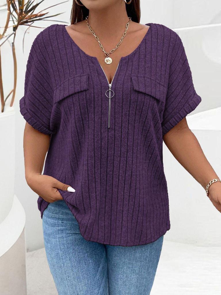 2026 Spring/Summer Plus Size Women's Zipper Short Sleeve Pullover T-shirt - Solid Color, Faux Pocket, Loose Fit