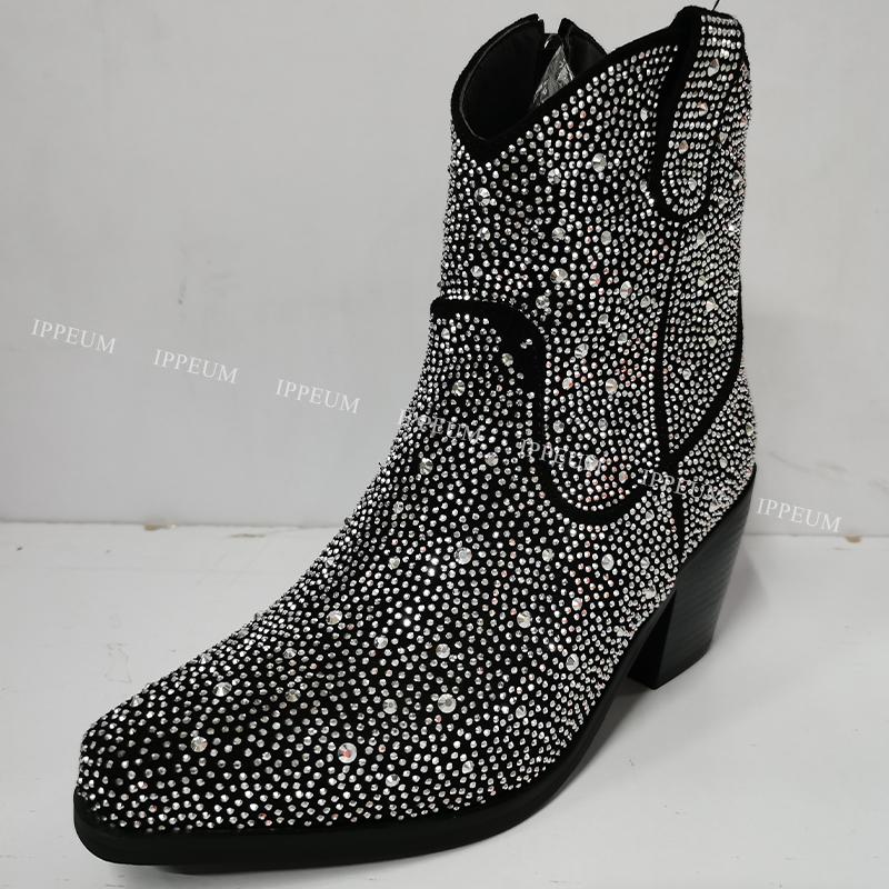 IPPEUM Rhinestone Boots Cowboy Women Black Ankle Design Chunky Heel Ponited Toe Size 43 New In Women's Western Boots