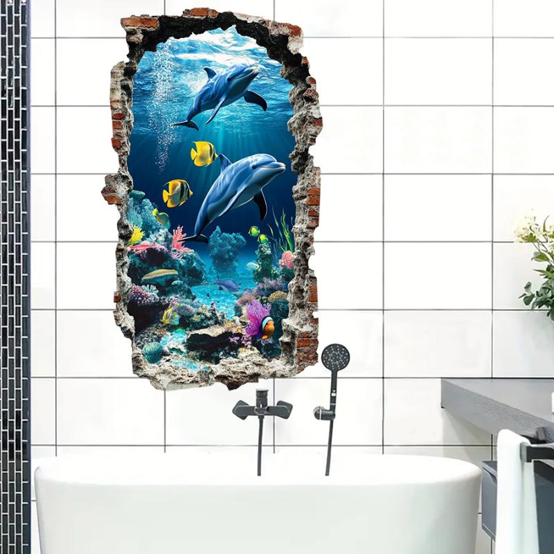 3D Wall Decal Ocean World Self-Adhesive Sticker Semi-Matte PVC Easy Peel Sticker Irregular Shape Home Decor Ocean Theme Decor