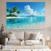 2D Banner Polyester Background Fabric Tropical Beach Scene Featuring Palm Trees Clear Blue Waters and Distant Islands