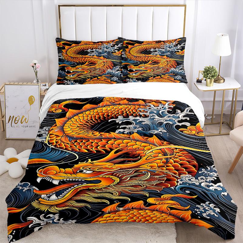 3pcs Dragon Wave Design Duvet Cover Set - Machine Washable, Includes 1 Cover and 2 Pillowcases, No Core Included yy251013136