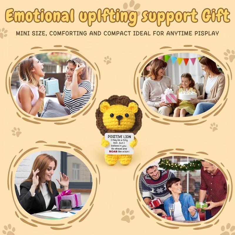 kawaii Positive Lion Handmade Crochet Doll with Card Emotional Support Desktop Ornament Home Room Decoration Birthday Party Gift