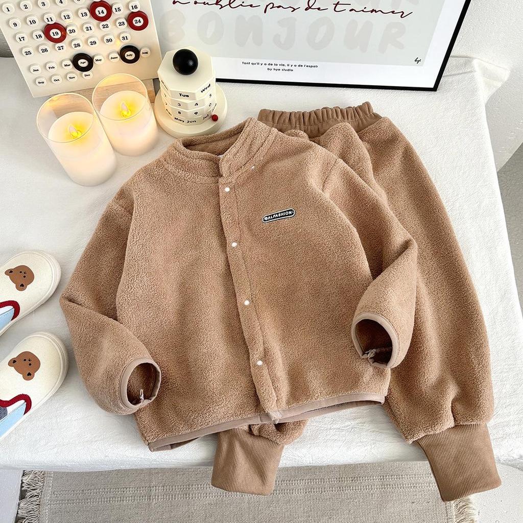 Korean Style Kids' Two-Piece Set: Stand-up Collar Fleece Sweater & Thick Pants for Fall/Winter, Unisex