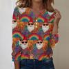 Women's Fashion Casual V-Neck Long Sleeve Decorative Button Christmas Print Top