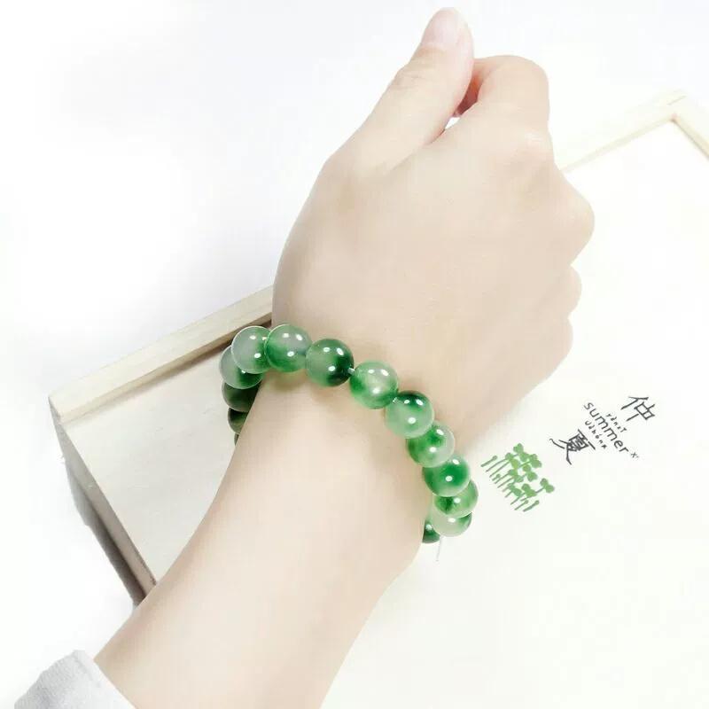 Natürliches grünes Jade-Armband 10 mm schwimmende florale Perlensträhne, chinesischer Hetian-Jade-Schmuck, elegantes Geschenk für Frauen