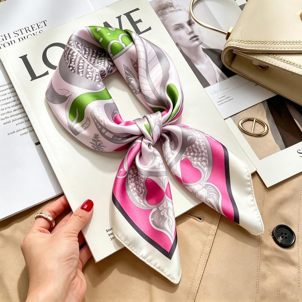 Commuter elegant flower silk scarf women's contrasting color retro printing satin scarf shirt with multi-purpose decorative small scarf