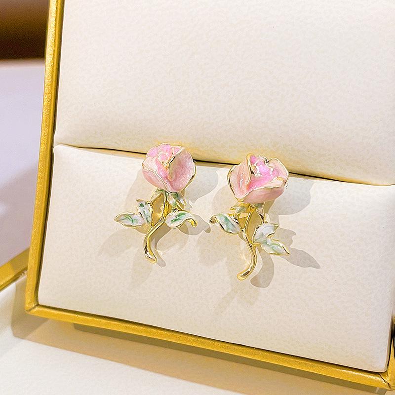 

925 Silver Needle Pink Rose Stud Earrings, Mori Style Floral Design for Women