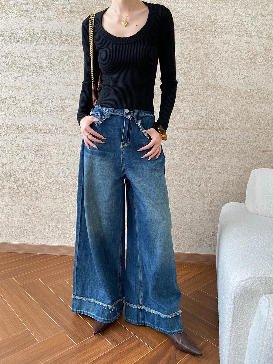 Sinan Distressed Raw Hem High Waist Wide Leg Jeans SN6354 Medium